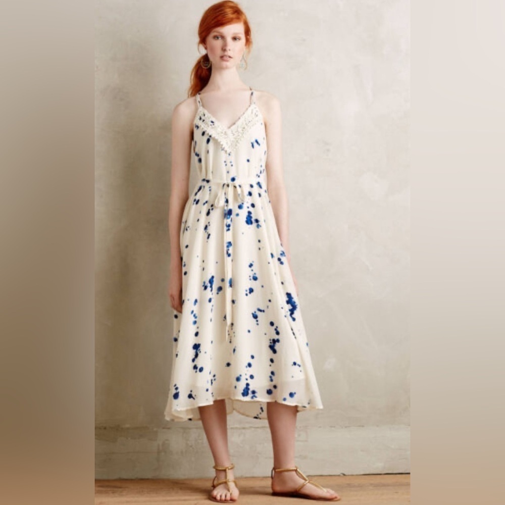 MAEVE Sz S Ink Splatter Macrame Crochet Lined Belt Anthropologie Maxi Dress